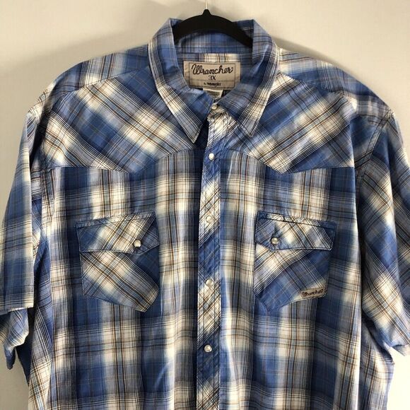 Wrangler Wrancher Mens Size 3X Blue Plaid Pearl Snap Shirt Cowboy Farmer Classic - Picture 3 of 16
